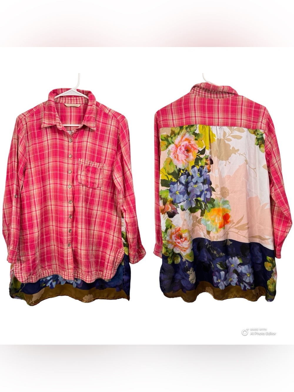 Soft Surroundings Size Large Plaid Button Down Long Sleeve Shirt Top Floral Back
